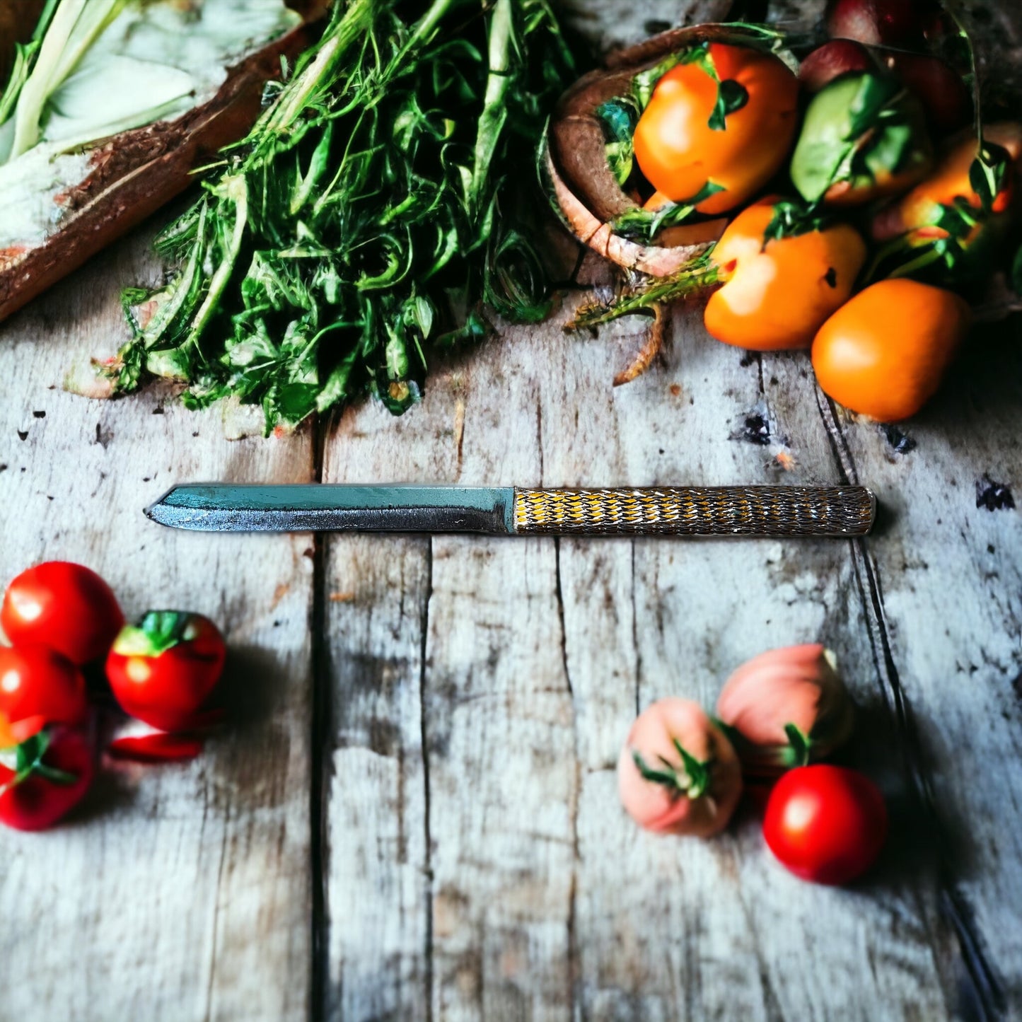 chhuri kitchen knife on chopping block, vegetable prep knife, kitchen prep tool