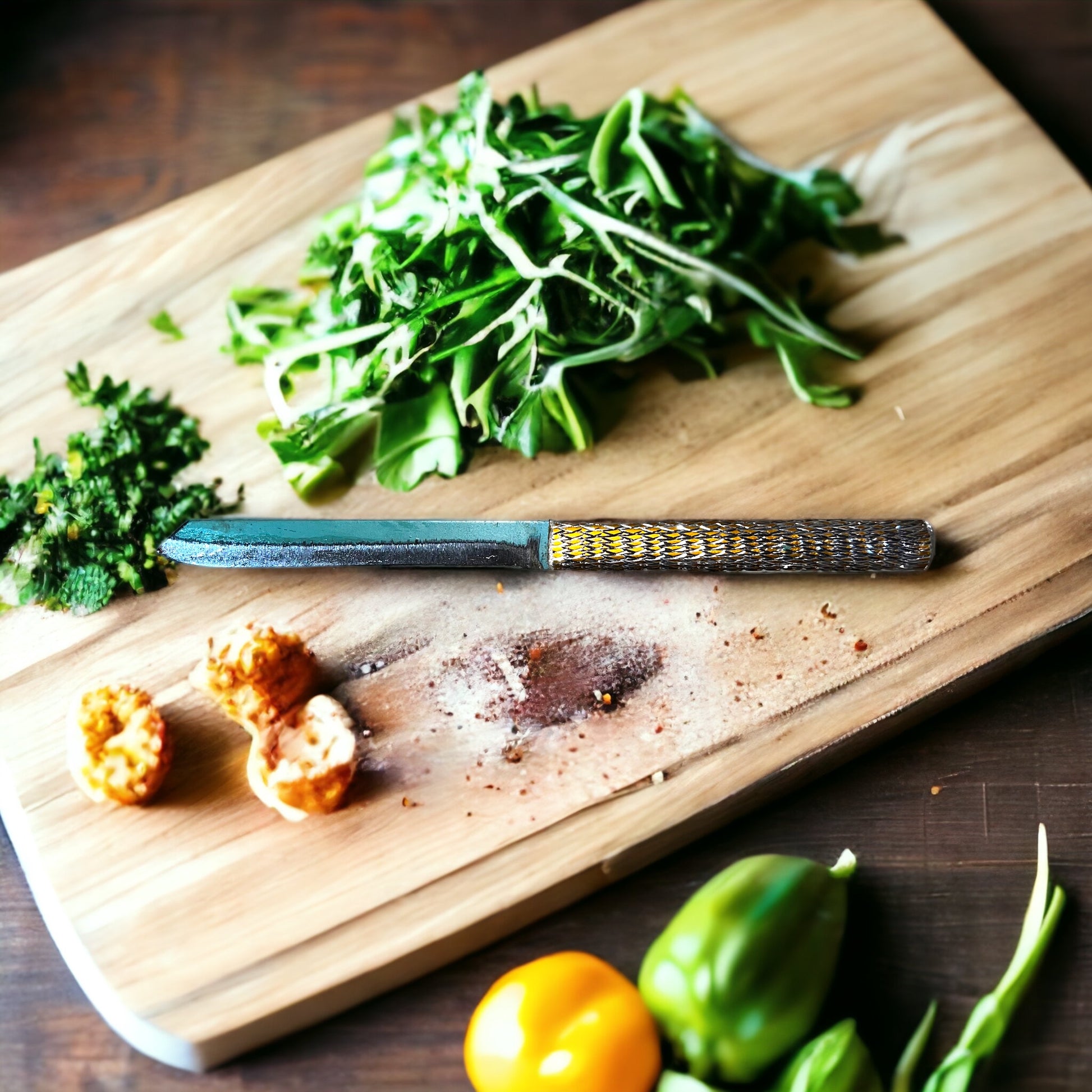 chhuri knife on wooden chopping board, best kitchen prep tool, knife set
